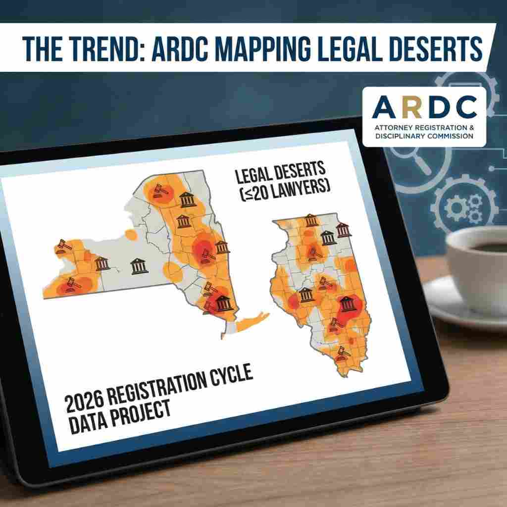 The Trend: The ARDC is using the 2026 registration cycle to map legal deserts areas with 20 or fewer private practice lawyers.